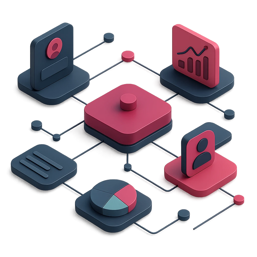 Isometric map of the wealth-management solution directory — connected business and solution profiles